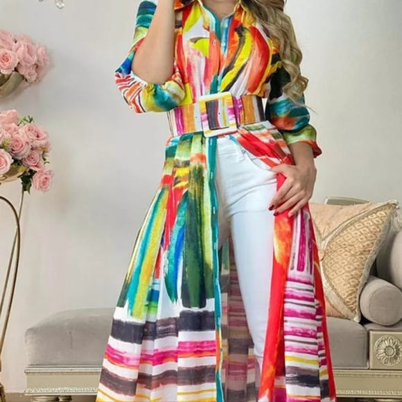 ABSTRACT BUTTON DOWN SHIRT DRESS WITH BELT - Picture 2 of 6